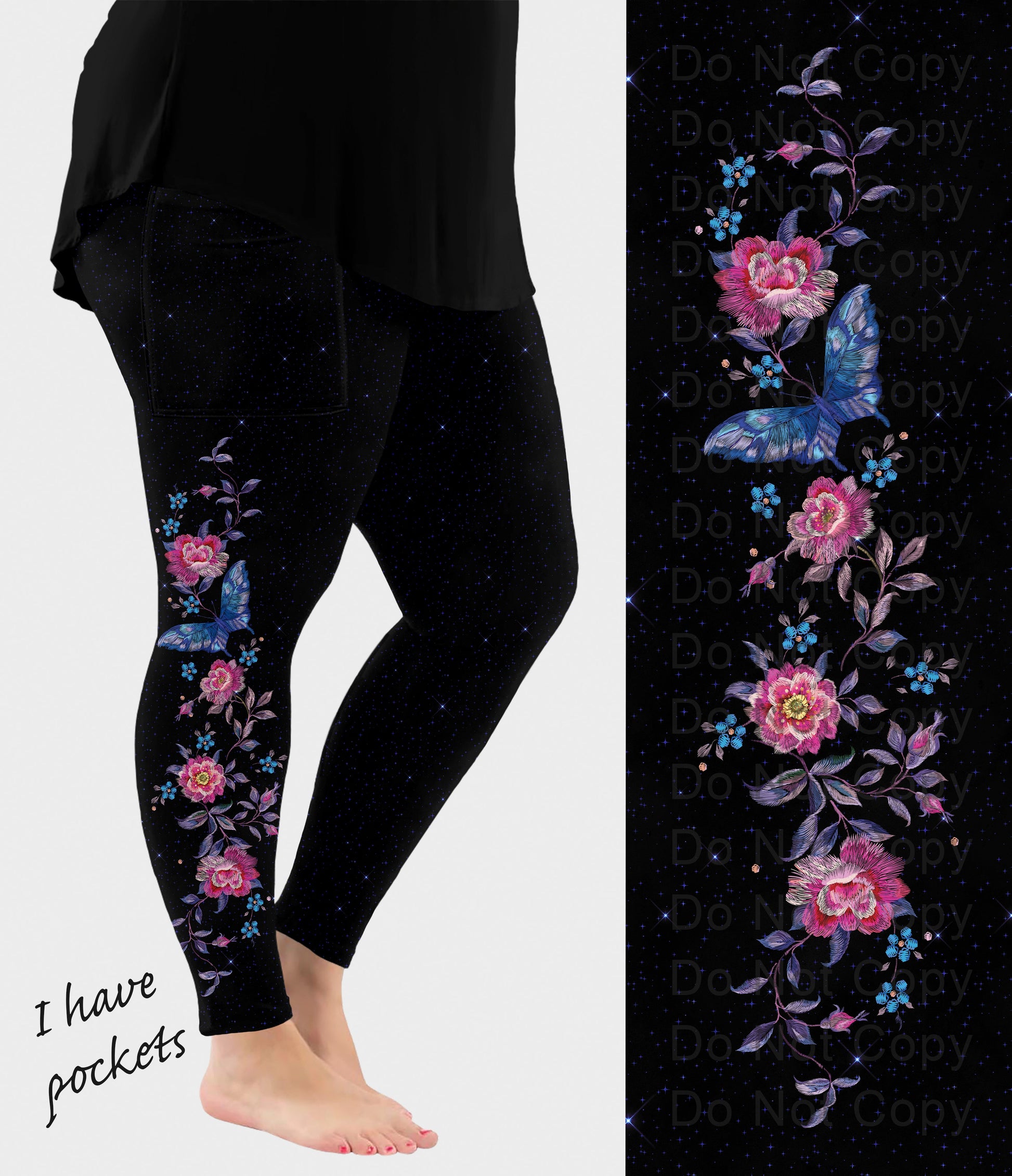 RTS - Floral Butterfly Side Design Leggings w/ Pockets - Like A Duchess