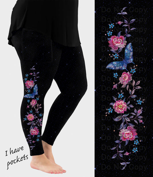 RTS - Floral Butterfly Side Design Leggings w/ Pockets - Like A Duchess
