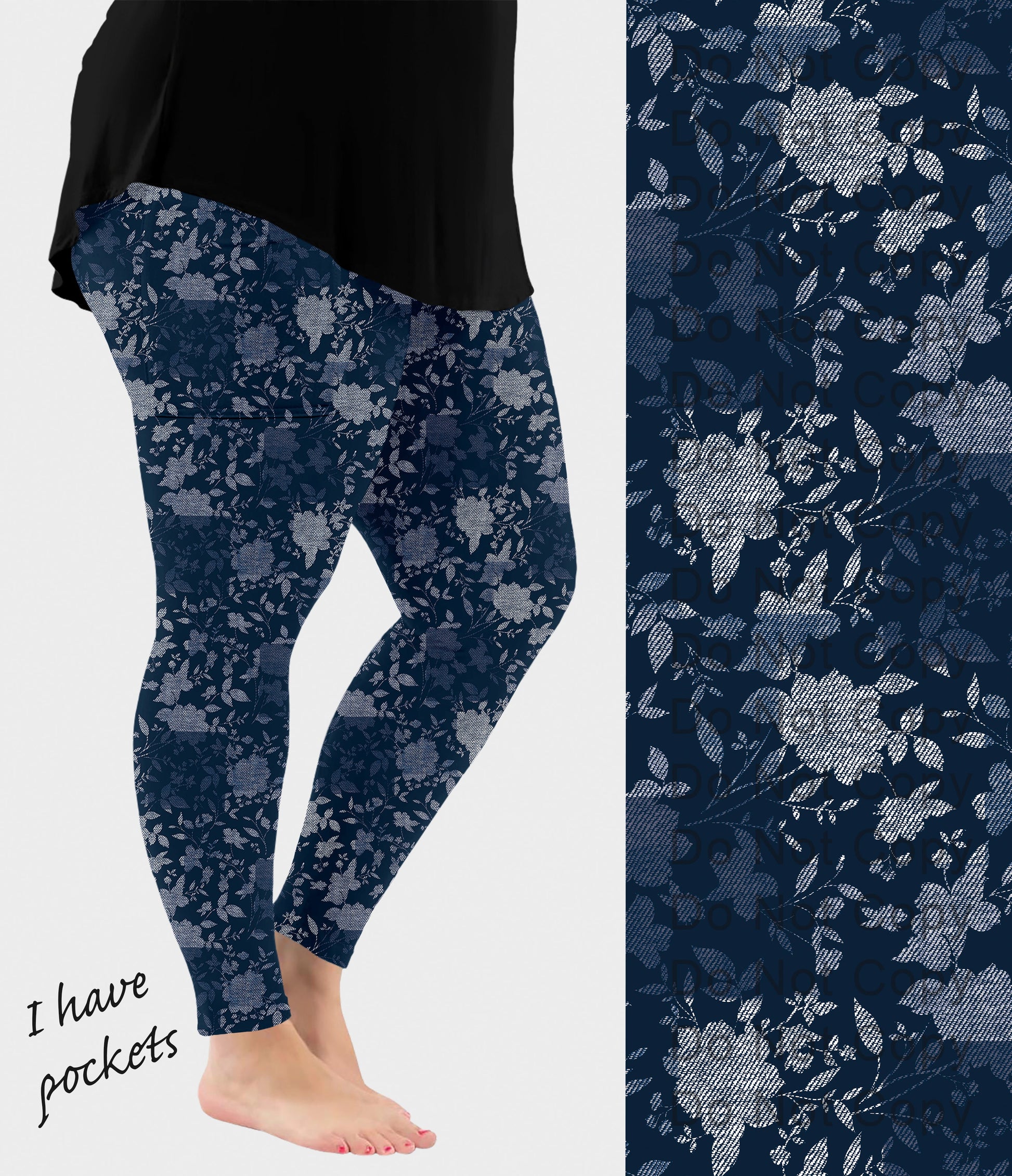 RTS - Indigo Blossom Faux Denim Leggings w/ Pockets - Like A Duchess