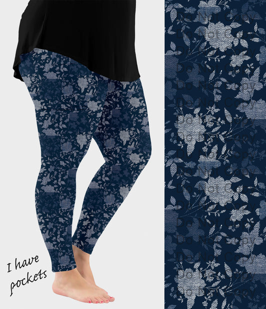 RTS - Indigo Blossom Faux Denim Leggings w/ Pockets - Like A Duchess
