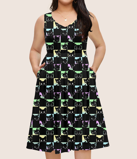 RTS - Peekaboo Cats Sleeveless Pocket Dress - Like A Duchess