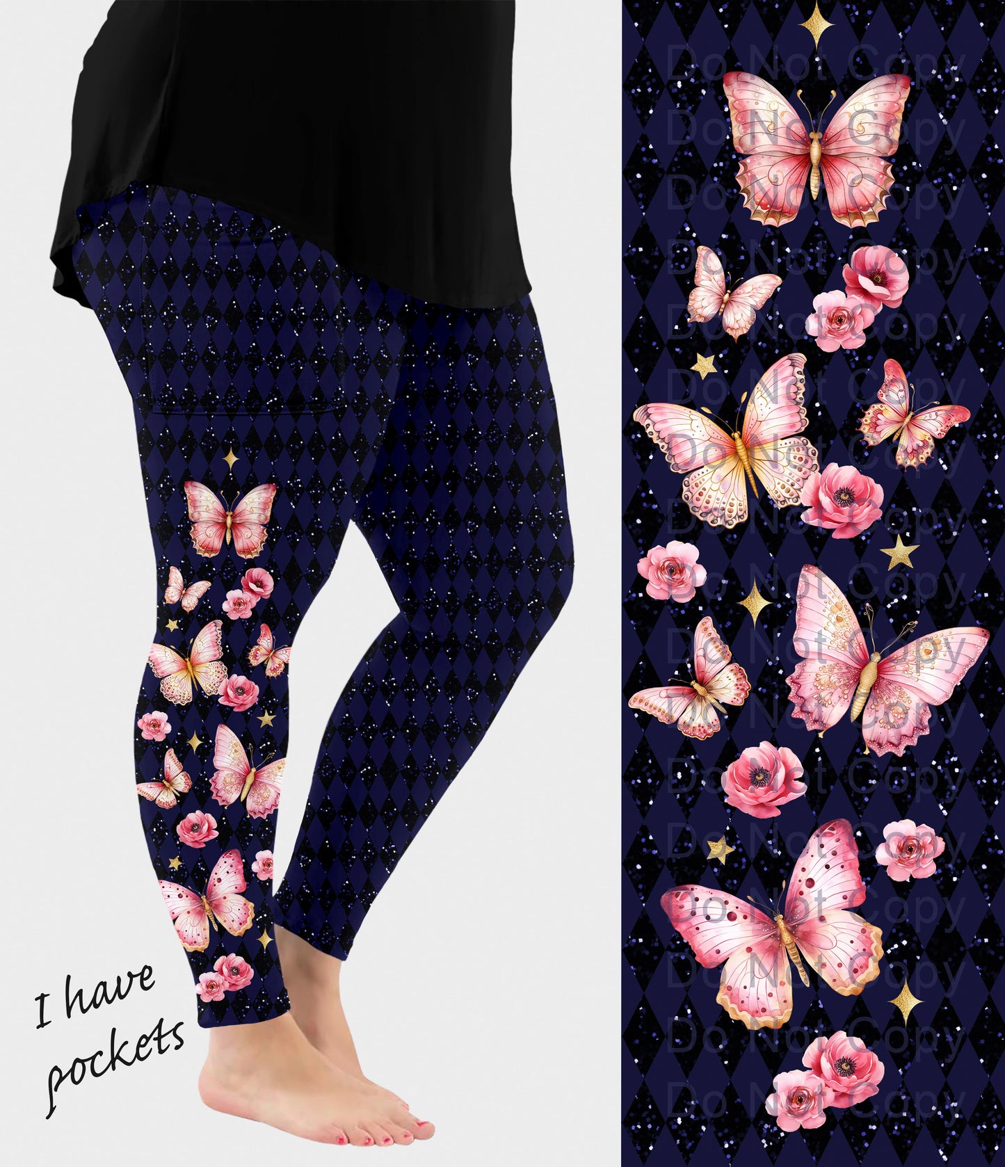 RTS - Pink Butterfly Side Design Leggings w/ Pockets - Like A Duchess