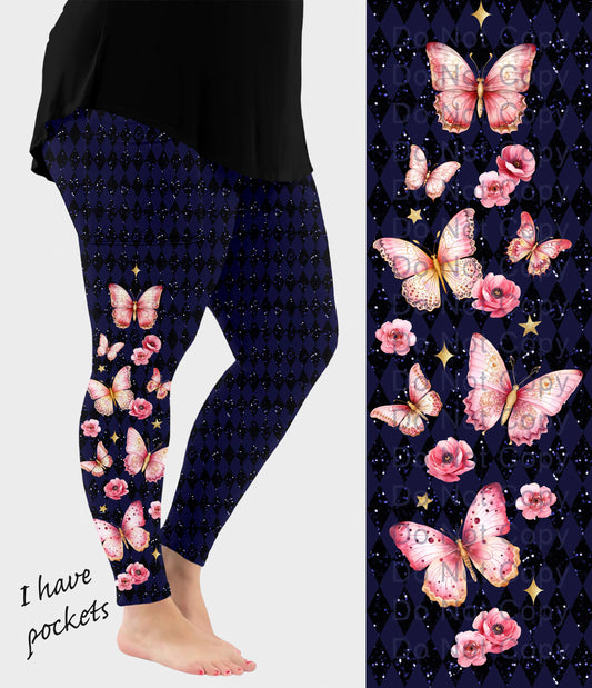 RTS - Pink Butterfly Side Design Leggings w/ Pockets - Like A Duchess