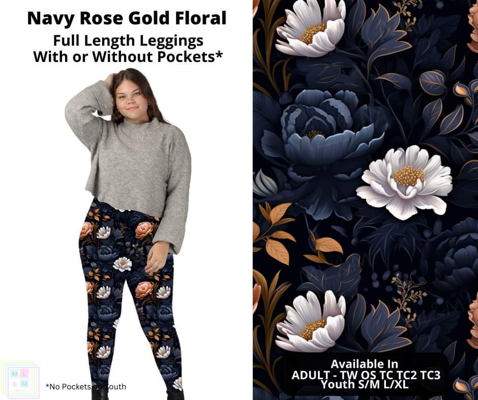 Navy Rose Gold Floral Full Length Leggings w/ Pockets