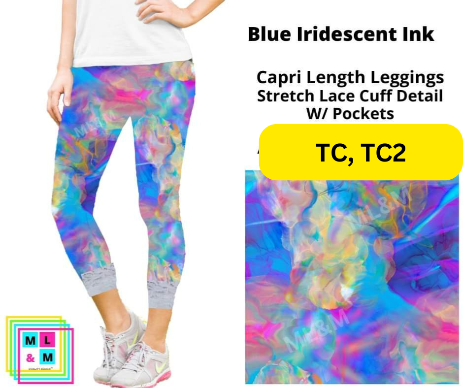 Blue Iridescent Ink Lace Cuff Capris w/ Pockets