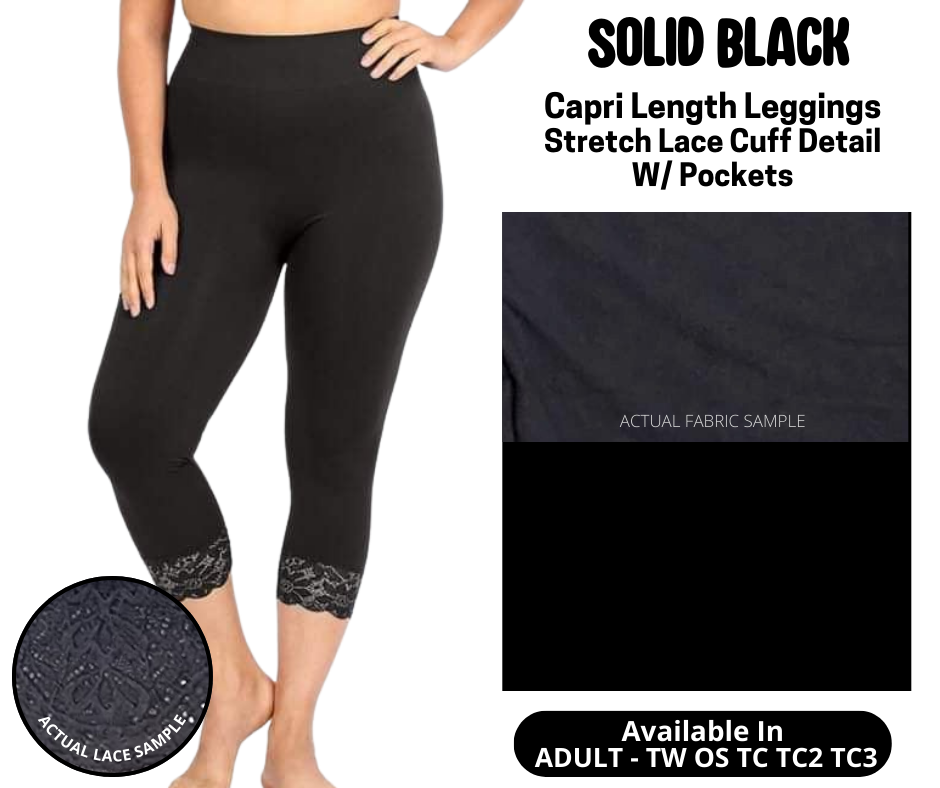 Solid Black Lace Cuff Capris w/ Pockets - Like A Duchess